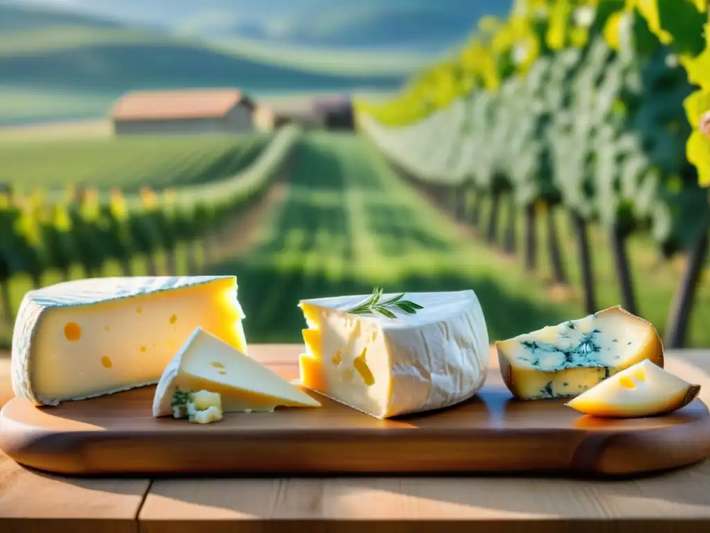 Una degustación sofisticada de quesos franceses avanzados en un viñedo, con expertos maridando Brie, Camembert y Roquefort al atardecer