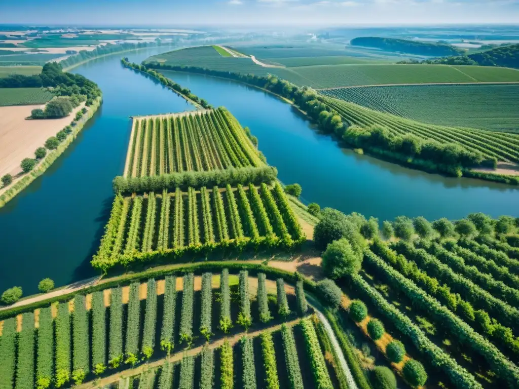 Degustación de vinos en la Loira: vista aérea de los viñedos exuberantes a lo largo del río, con paisajes verdes y hermosos