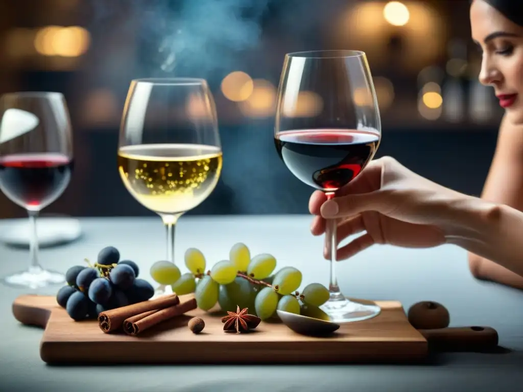 Degustación de vinos franceses con especia canela gastronomía francesa en elegante ambiente iluminado