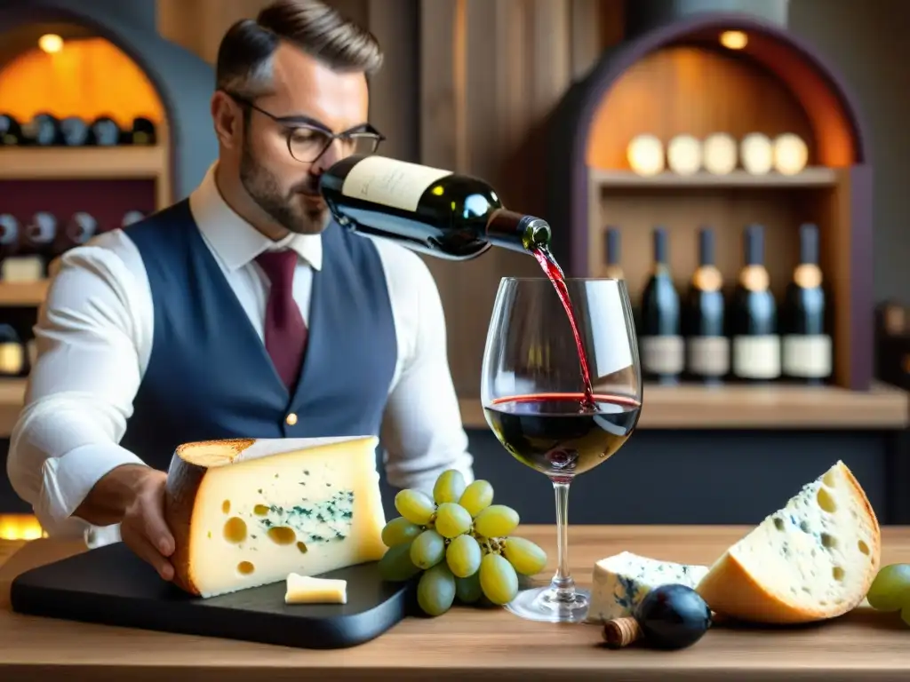 Degustación de vinos franceses experto sirviendo un tinto en copa de cristal, con quesos, pan y uvas en mesa rústica