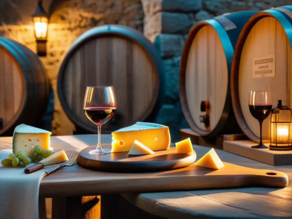 Una degustación de vinos y quesos franceses en una bodega rústica y elegante