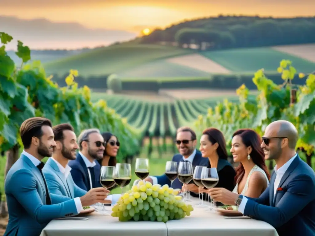 Una degustación de vinos veganos franceses maridados con platos gourmet en viñedo de Bordeaux al atardecer