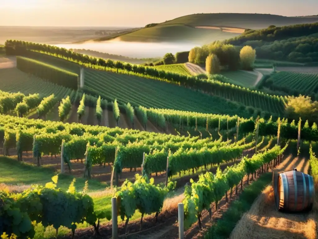 Degustación de vinos en un viñedo pintoresco del Valle del Loira al atardecer dorado, evocando la rica tradición vinícola francesa