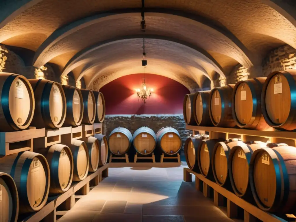 Degustaciones de vino francés perfectas en una bodega tradicional iluminada, con barricas de roble y un sommelier sirviendo vino Bordeaux