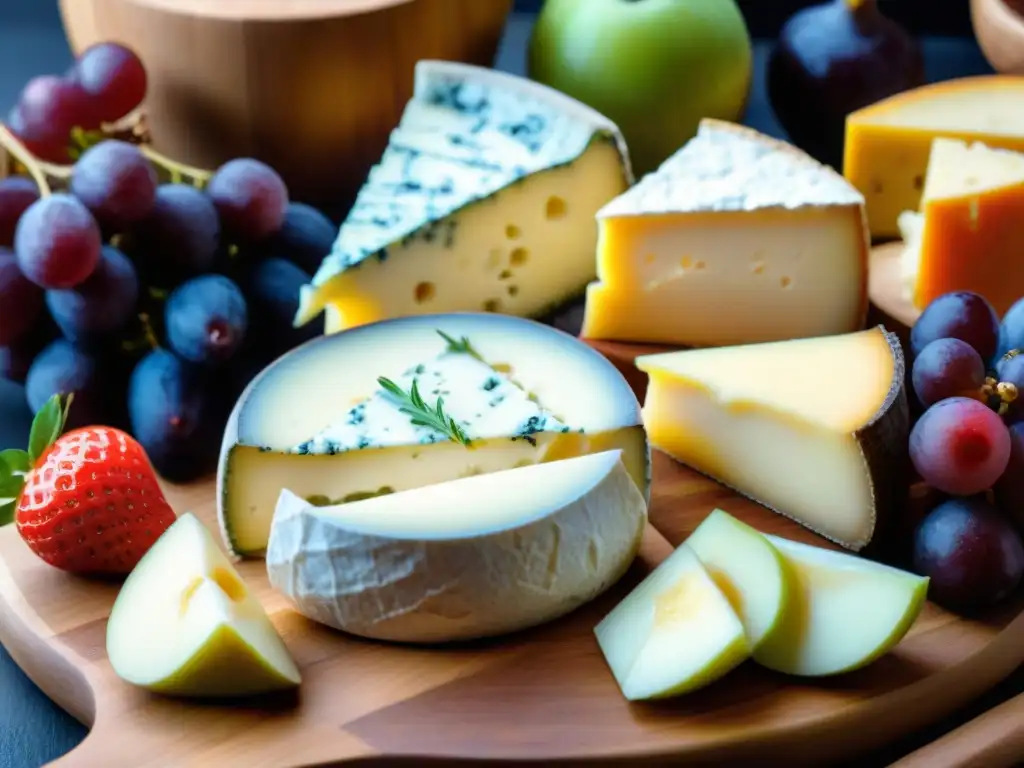 Un deleite visual: maridaje perfecto quesos franceses frutas en tabla de madera