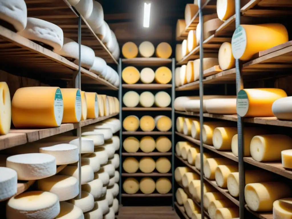 Delicada armonía en bodega de quesos franceses: ruedas de queso en estantes de madera, iluminación suave y ligera bruma