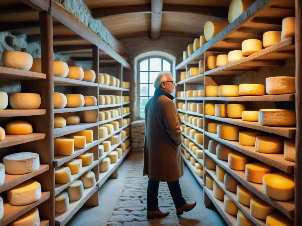 Delicada bodega de quesos franceses en el Valle del Loira, destacando el sabor del Crottin de Chavignol con sus texturas y colores únicos