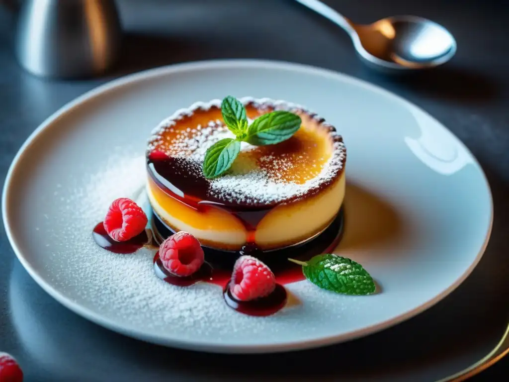 Delicada crème brûlée con frambuesas frescas y coulis de frambuesa, en un entorno de café francés vintage