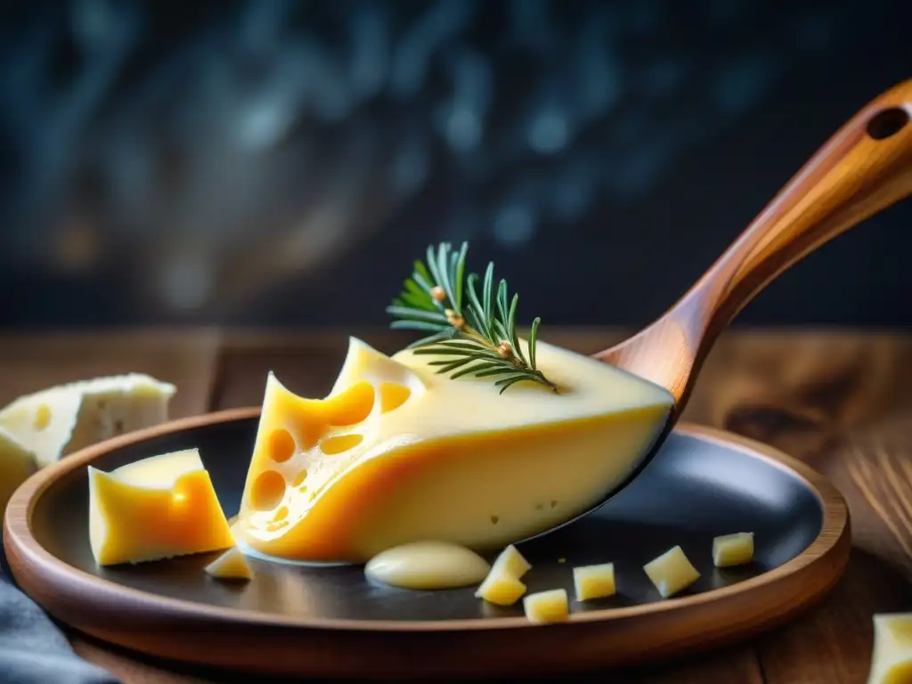 Delicada cucharada de queso Mont d'Or en cuchara de madera, resaltando la gastronomía francesa