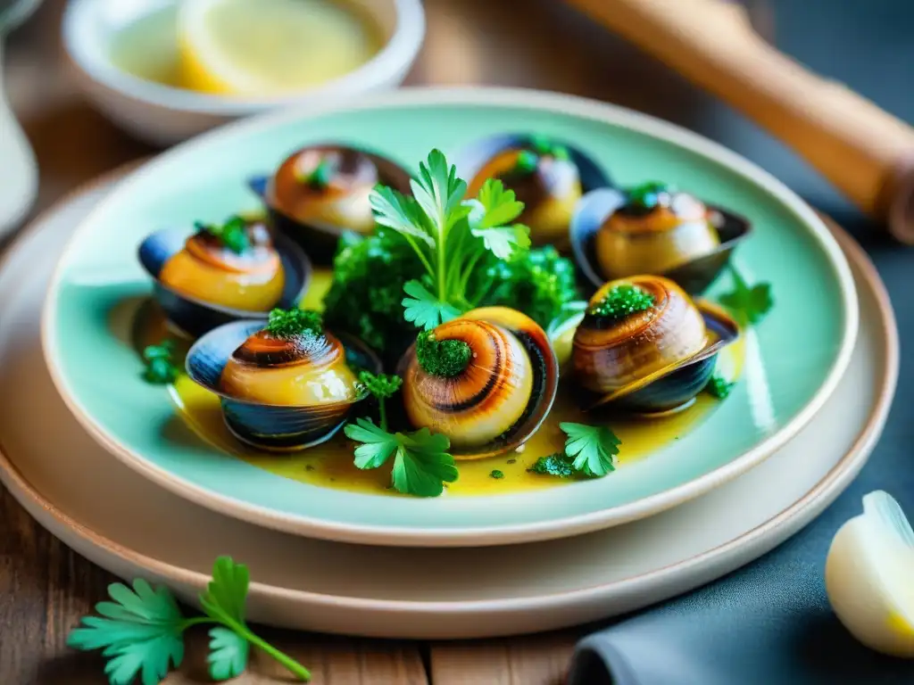 Delicados caracoles dorados en mantequilla de ajo, arte culinario francés Delicada presentación de escargots à la Lorraine en plato tradicional con vino Alsaciano
