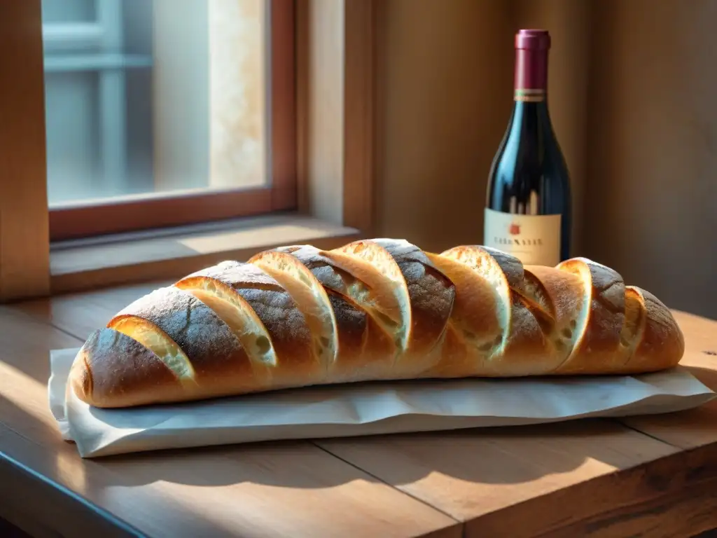 Delicada escena de pan francés tradicional con vino, ¡sabores y texturas que invitan a disfrutar!