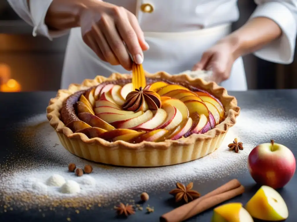 Delicada esencia de la gastronomía francesa: chef espolvorea canela sobre tarta de manzana recién horneada