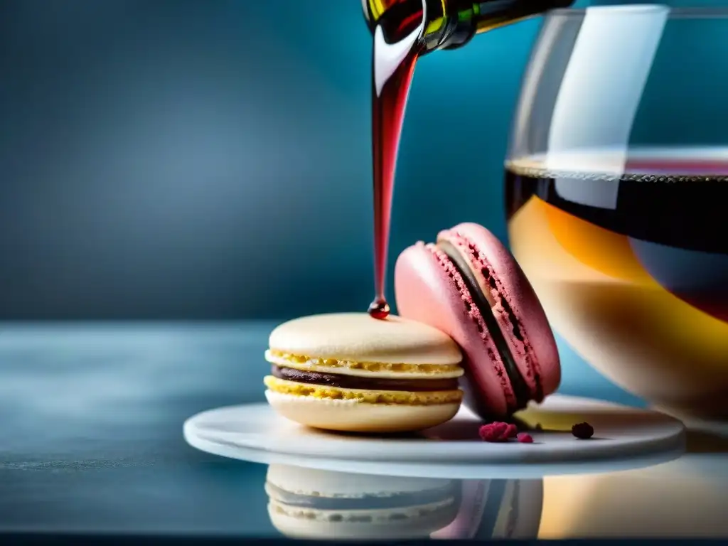 Delicada combinación: Macaron francés pastel sumergido en vino tinto