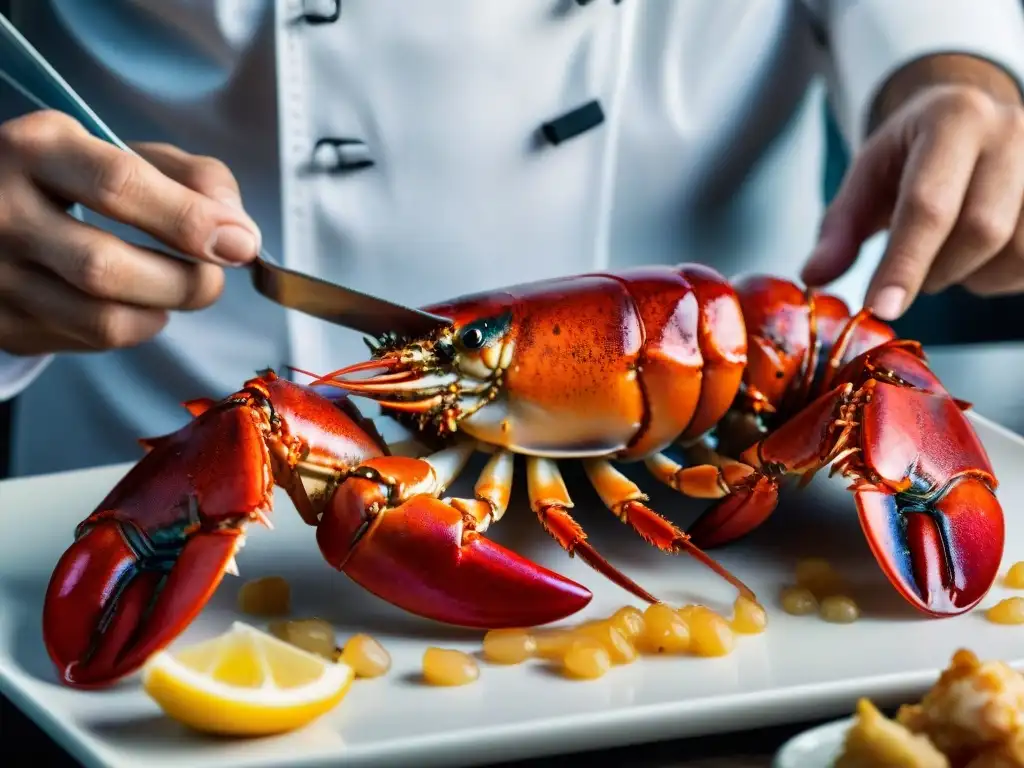 Delicada preparación de una langosta Armoricana, resaltando la maestría culinaria francesa