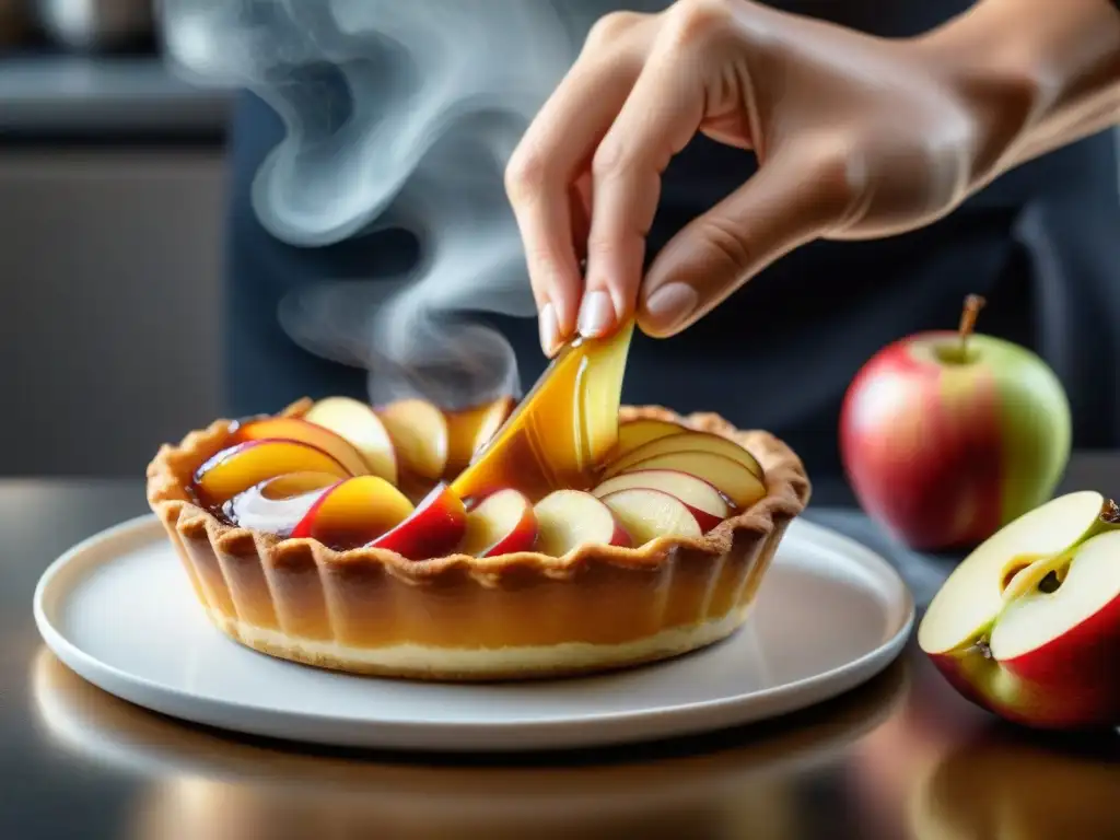 Delicada mano corando manzanas para una Tarta Tatin, resaltando utensilios para Tarta Tatin en cocina moderna