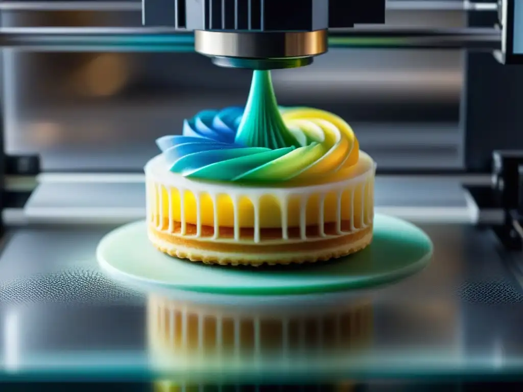 Delicada impresión 3D de pasteles franceses, tecnología y precisión en diseño vibrante