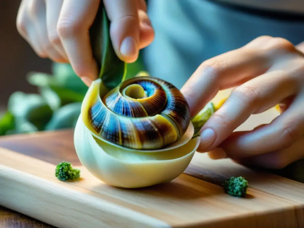 Delicada preparación de Escargots a la Lorraine Delicada preparación de Escargots a la Lorraine en tabla de madera rústica con mantequilla de hierbas y ajo