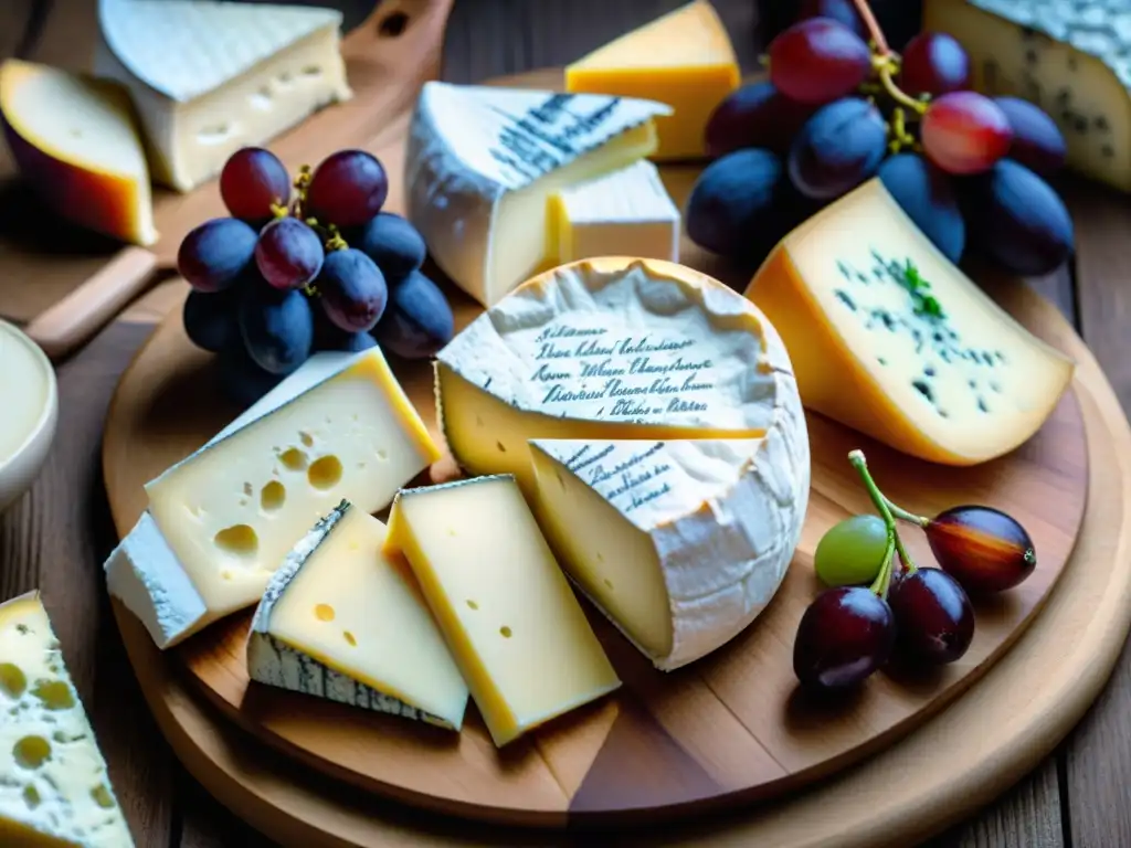 Delicada presentación de quesos franceses bajos en lactosa en tabla rústica, con frutas frescas y crackers sin gluten