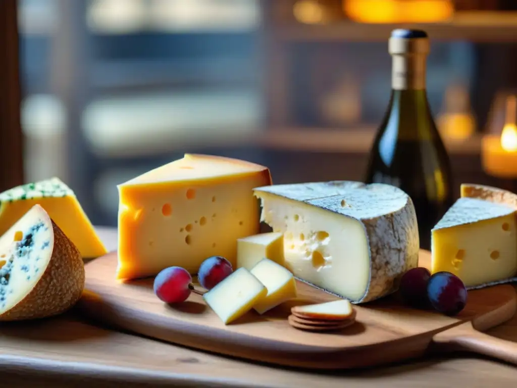 Delicias francesas: tabla de quesos en bistró parisino Delicada degustación de quesos franceses en bistró secreto