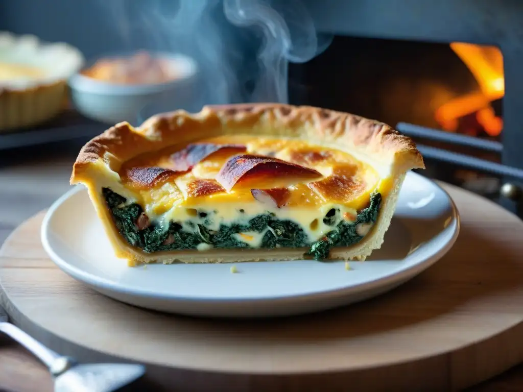 Delicada quiche francesa dorada emergiendo de un horno rústico, destacando los ingredientes vibrantes