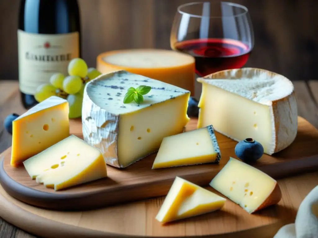 Delicada selección de quesos franceses como Brie, Camembert, Roquefort y Comté, junto a vinos elegantes