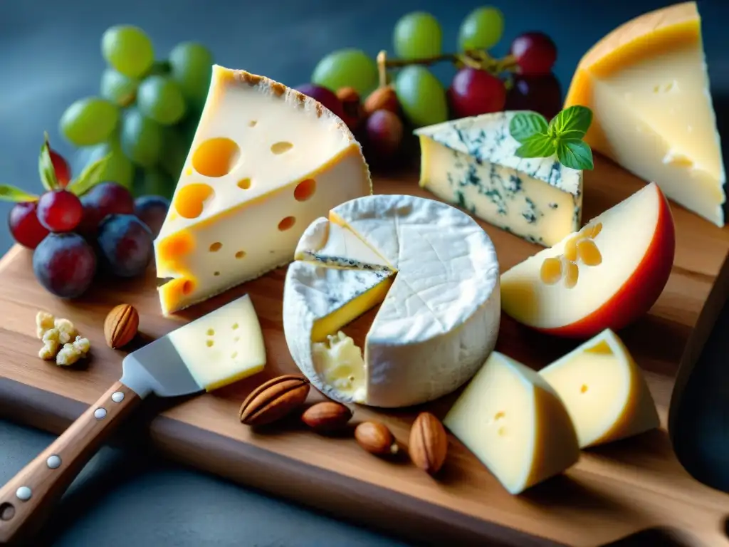 Delicada selección de quesos franceses en tabla rústica: brie, Roquefort, Comté y chevre, acompañados de frutas frescas y nueces