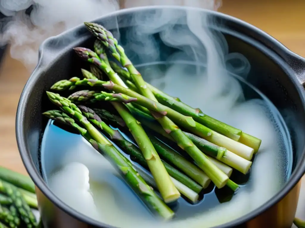 Delicada técnica de blanqueado de vegetales perfectos: asparagus verde sumergido en agua hirviendo, burbujas alrededor