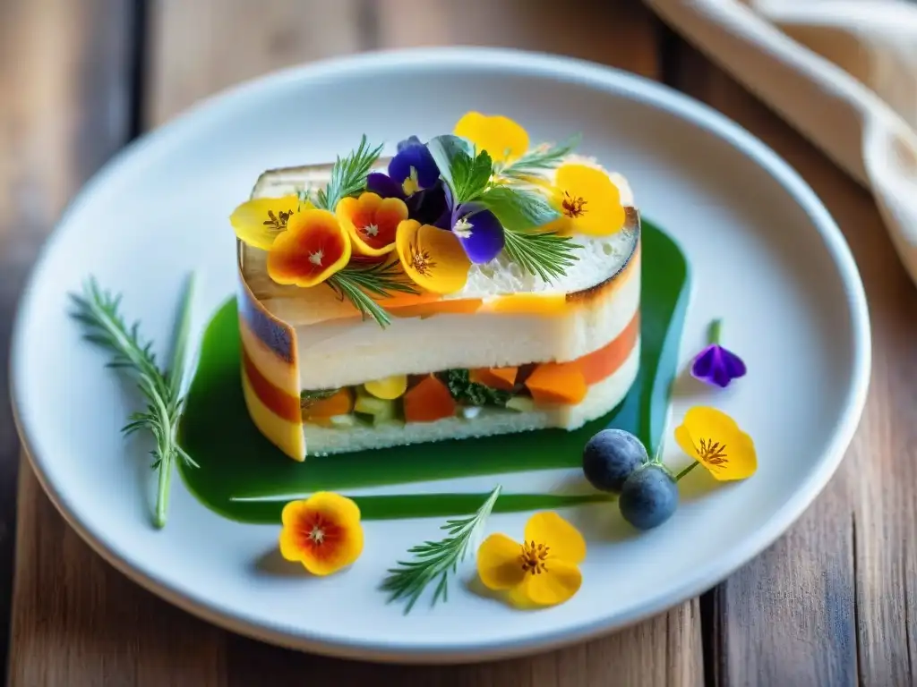 Delicada terrina de pescado estilo francés, con coloridos ingredientes y flores comestibles, sobre fondo rústico