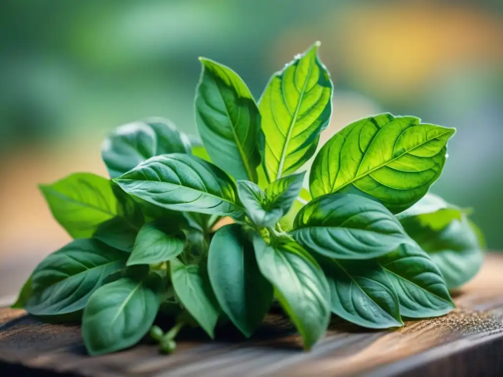 Delicadas hojas de albahaca fresca en su esplendor bajo la luz natural, mostrando sus detalles y frescura