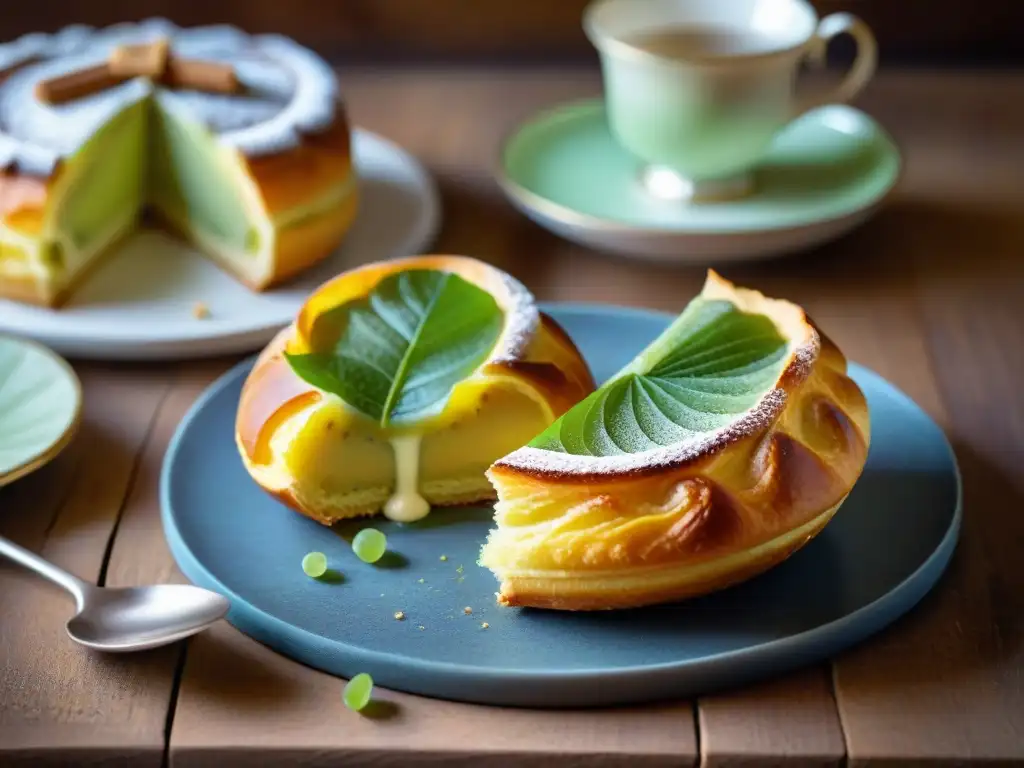 Delicadas pastelerías francesas con angélica verde en mesa rústica