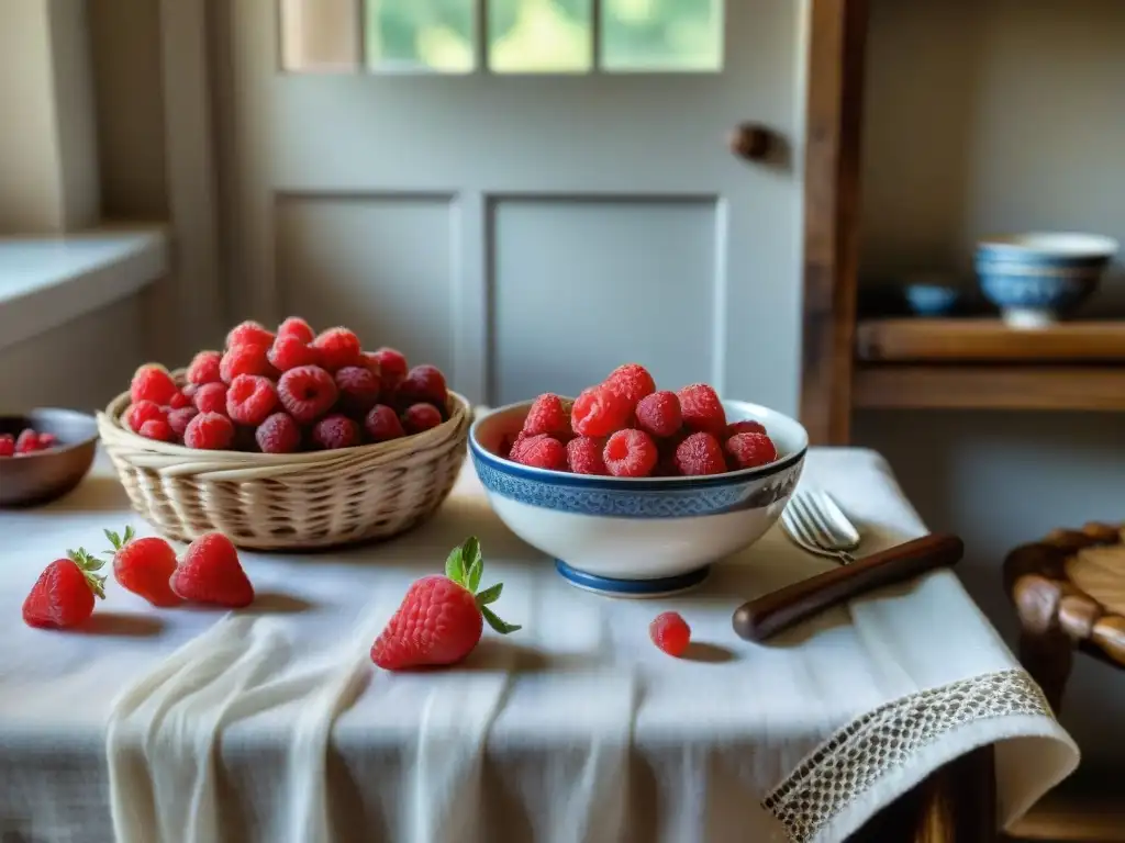 Delicadas pequeñas frutas rojas en mesa de cocina francesa, con libros y utensilios vintage