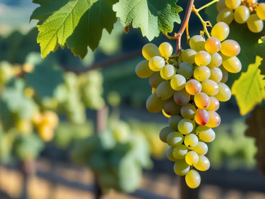 Delicadas uvas doradas de Sauternes brillan bajo el sol, listas para la vendimia en un viñedo francés