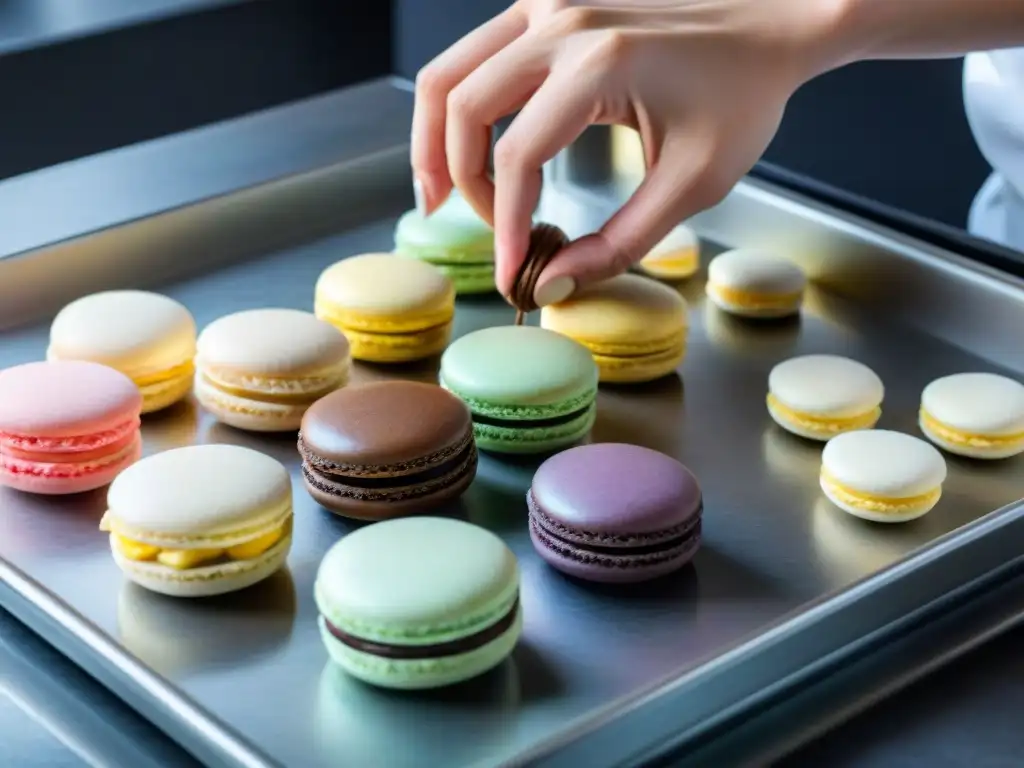 El delicado arte de elaborar macarons, mostrando la precisión y detalle de la receta tradicional de pastelería francesa