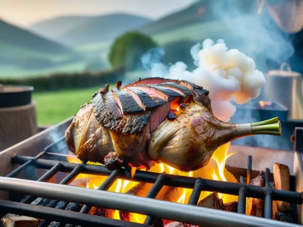 Delicado asado de cordero francés tradicional cocinándose a la perfección sobre las llamas, rodeado de hierbas y limón