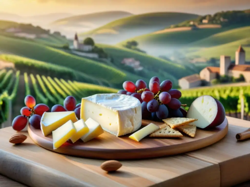 Delicado banquete francés con Brie: joya culinaria de Francia, uvas rojas, crackers y miel dorada sobre tabla rústica