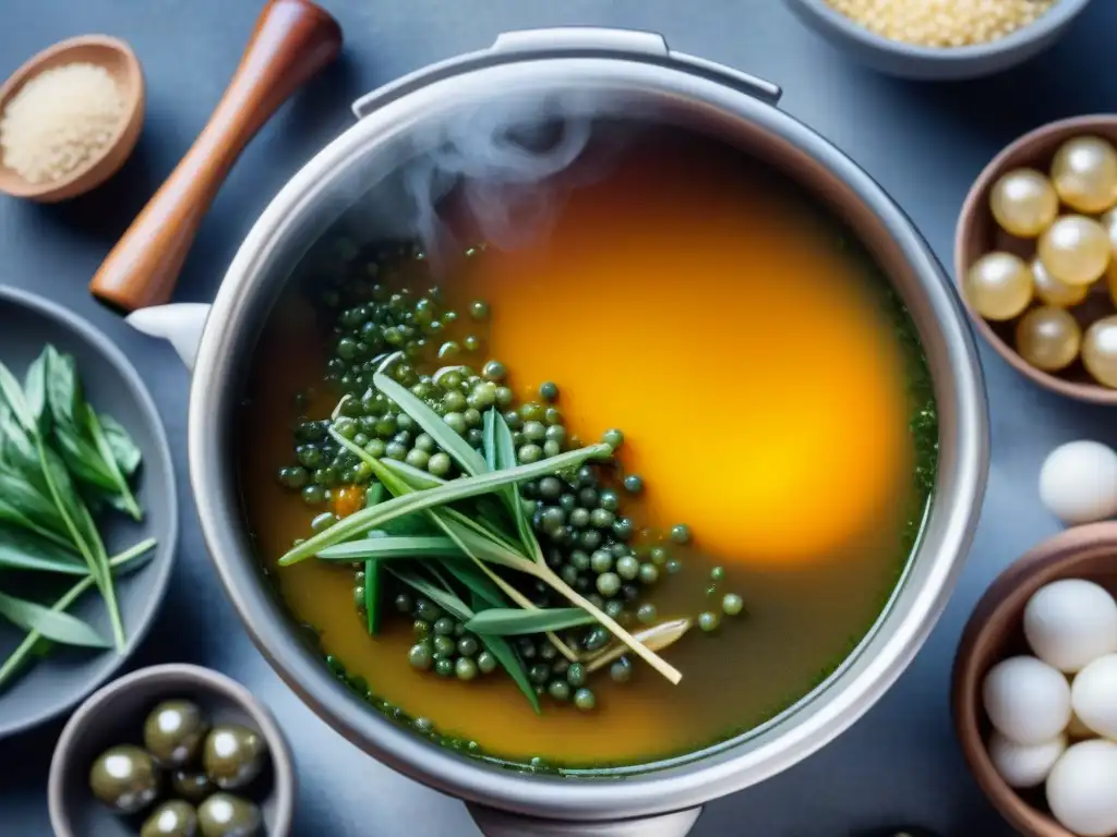 Delicado caldo francés casero auténtico con aromáticas hierbas y verduras, listo para degustar