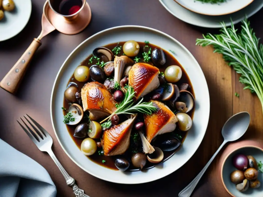 Delicado Coq au Vin francés en plato rústico con hierbas frescas, contra cocina vintage