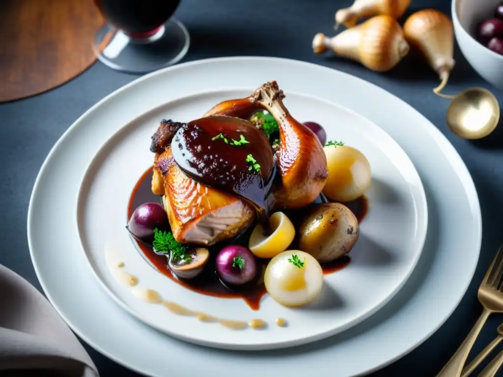 Delicado Coq au Vin francés con técnicas avanzadas presentación platos franceses