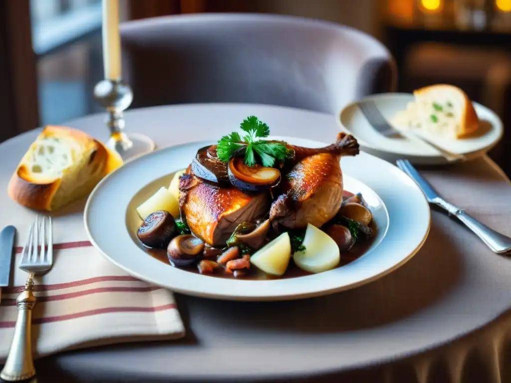 Delicado Coq au Vin en plato vintage francés, sobre mesa de bistró parisino