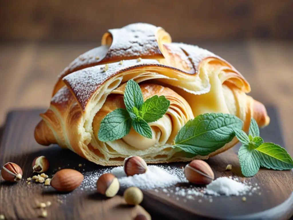 Delicado croissant de avellanas francesas en mesa rústica, resaltando sus capas doradas y relleno cremoso