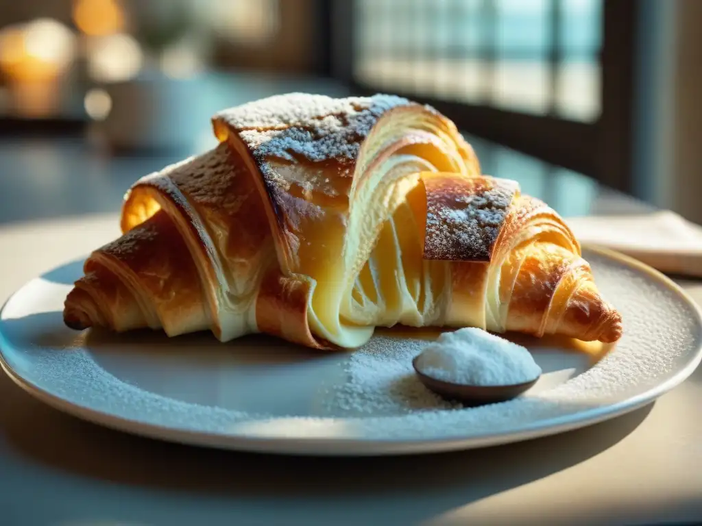 Delicado croissant dorado y café en café francés, reflejando la historia gastronomía francesa influencia cultural