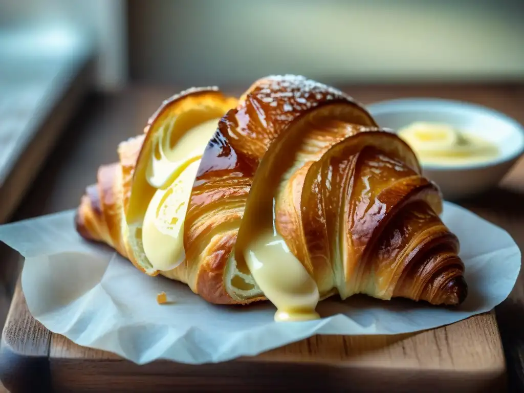 Delicado croissant dorado en mesa rústica con mantequilla, resaltando la importancia de la fotografía en la cocina francesa