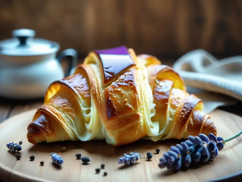 Delicado croissant dorado desmenuzándose en una mesa de panadería francesa acogedora