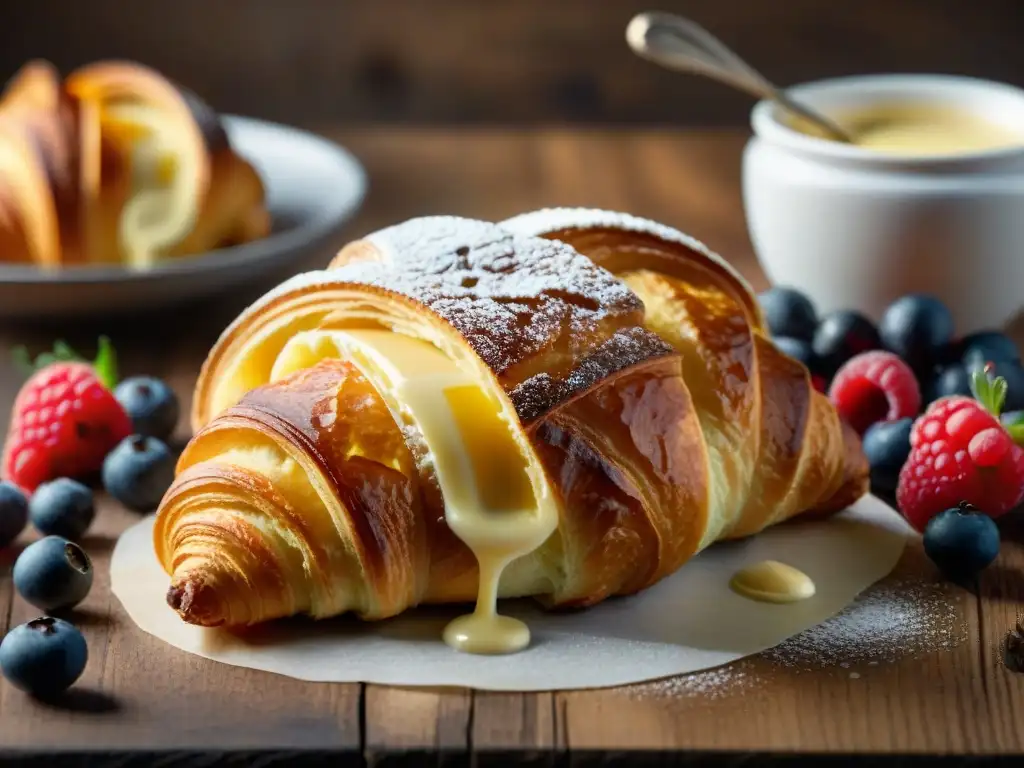 Delicado croissant dorado sobre mesa de madera con bayas frescas y mantequilla cremosa