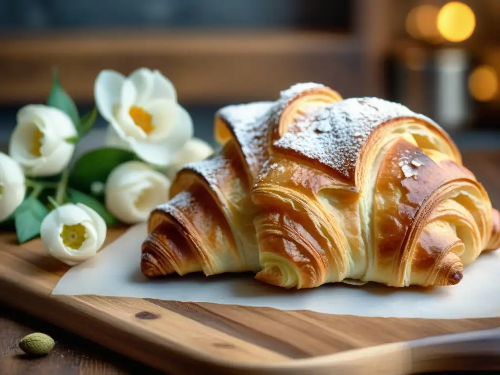 Delicado croissant dorado sobre tabla de madera, pastelería francesa embajadora gastronomía