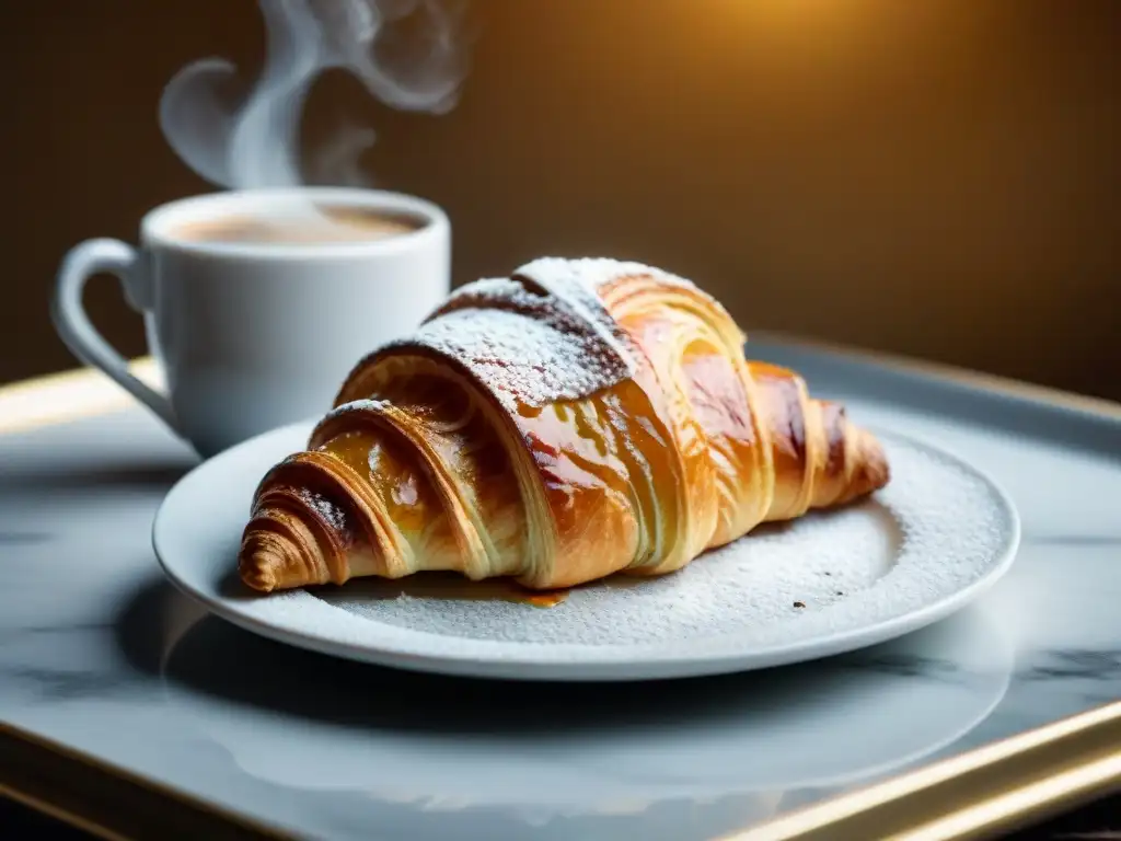 Delicado croissant espolvoreado con azúcar glas, junto a un espresso humeante