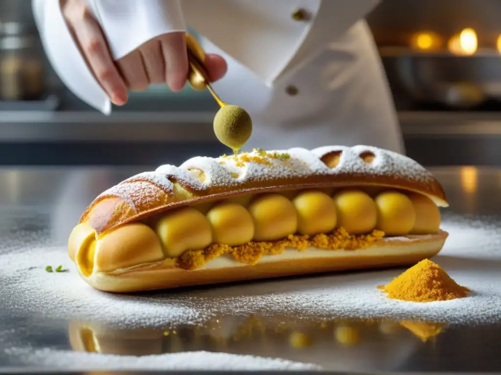 Delicado éclair decorado con especias en cocina francesa