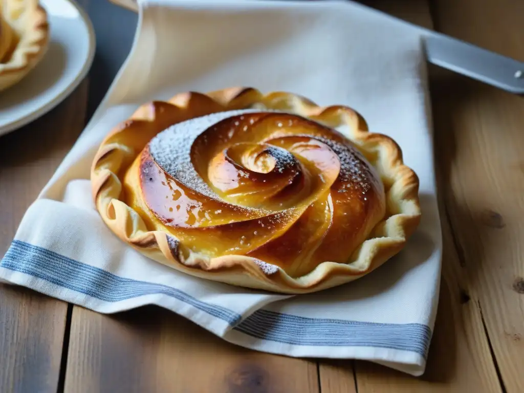 Delicado Kouignamann recién horneado, dorado y caramelizado con capas de hojaldre, decorado con azúcar en polvo