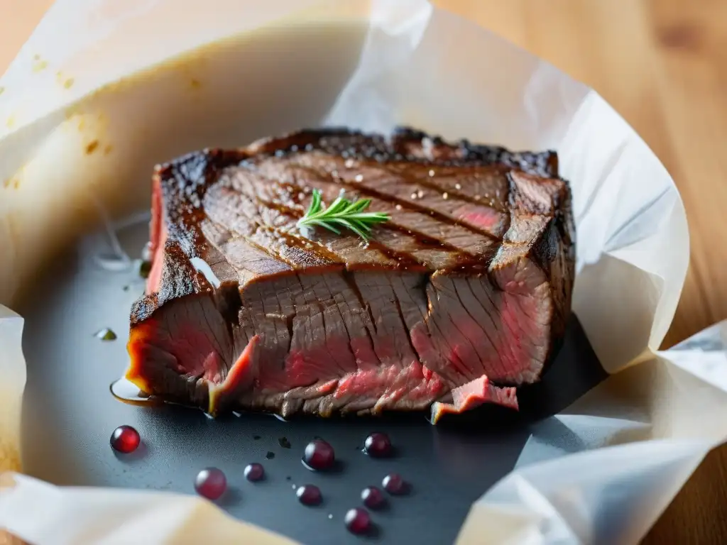 Delicado filete sous vide, bañado en agua cristalina con burbujas, resaltando la técnica sous vide cocina francesa