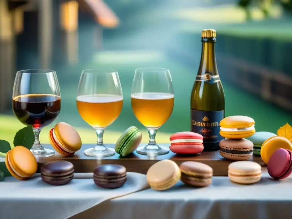 Delicado maridaje de sidras francesas con exquisita comida - macarons, tartas y crème brûlée en elegante presentación